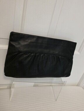 Tano Black Leather Large Clutch with Gathered Detail, Classic, Lightweight